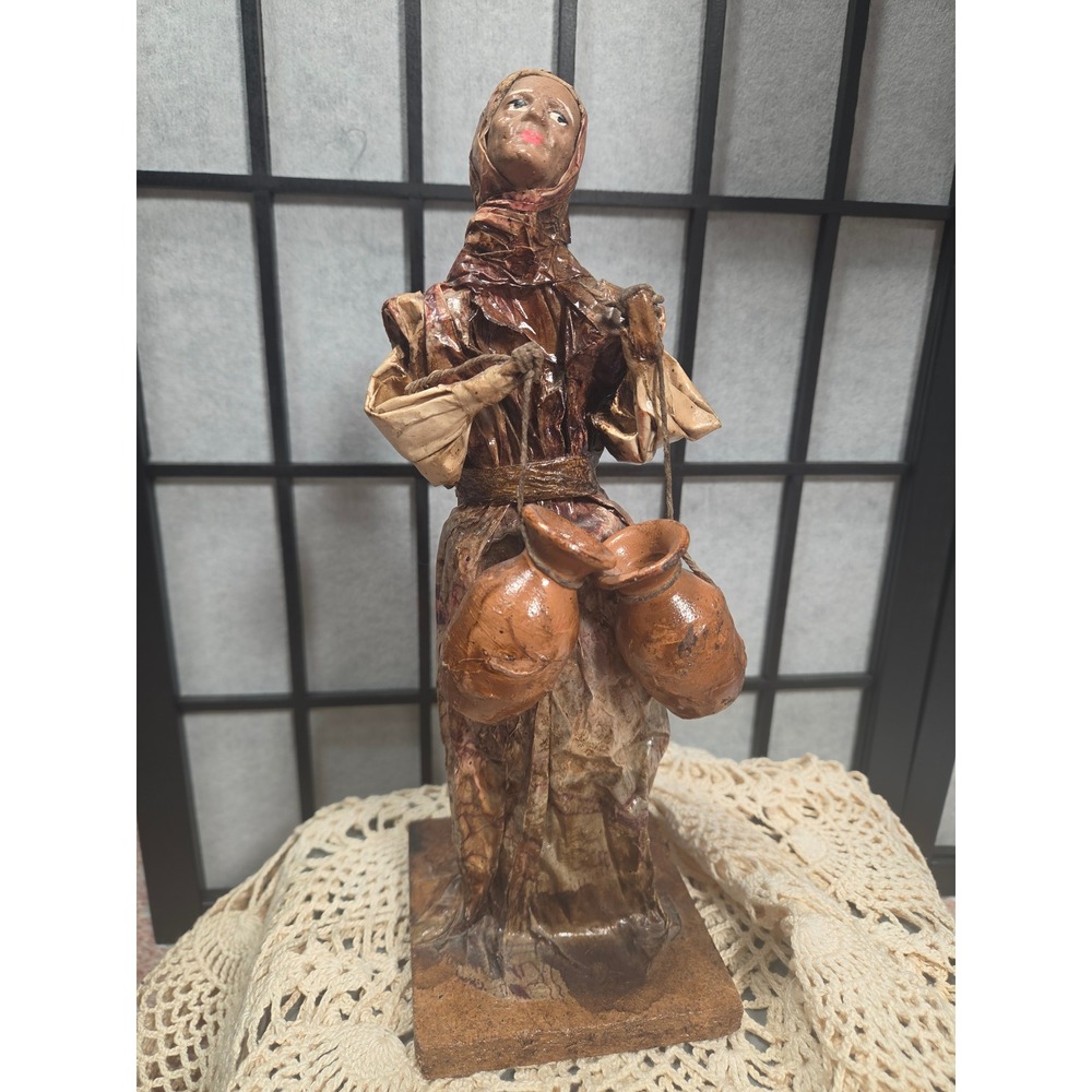 Vintage Mexican Folk Art Paper Mache Figurine Woman Carrying Water Jugs 11.5in